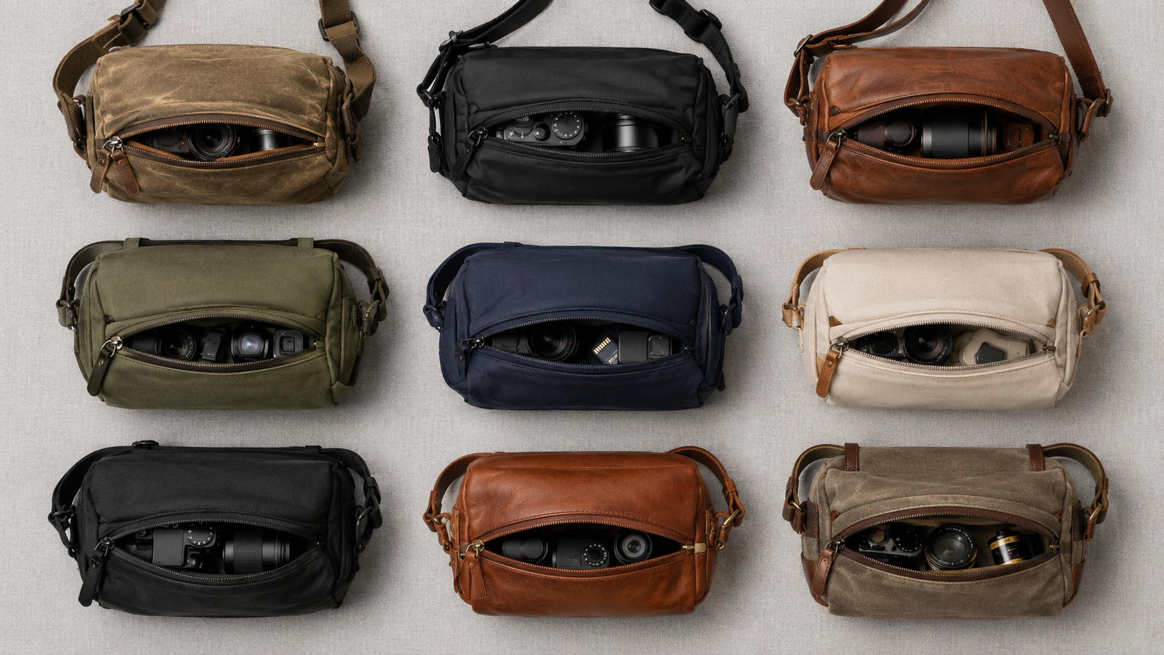 Nine different crossbody camera bags arranged in 3 by 3 grid flat lay showing variety of styles materials and colors