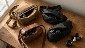 Four crossbody camera bags compared on wooden table with 35mm lens and film canisters in natural window light