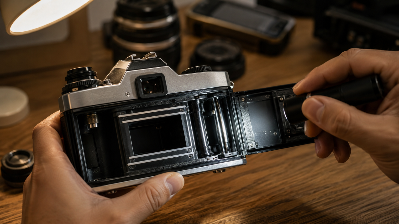 Hands opening the back of a used film camera to inspect the film chamber and light seals