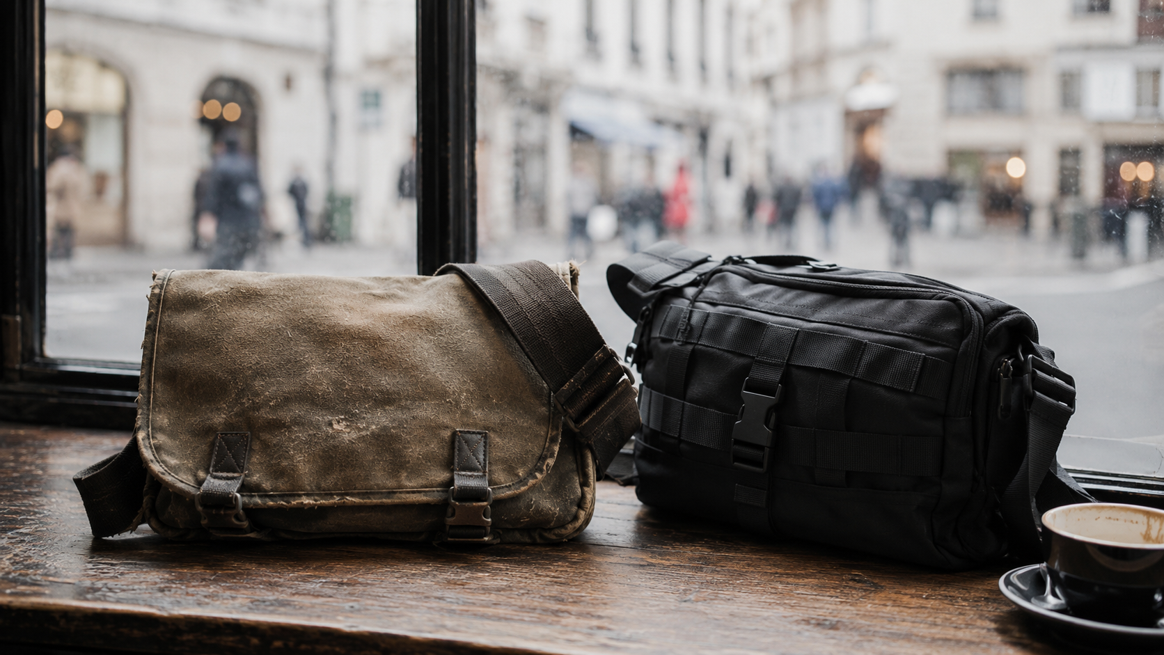 Aged waxed canvas messenger bag vs modern black nylon sling bag for street photography compared side by side