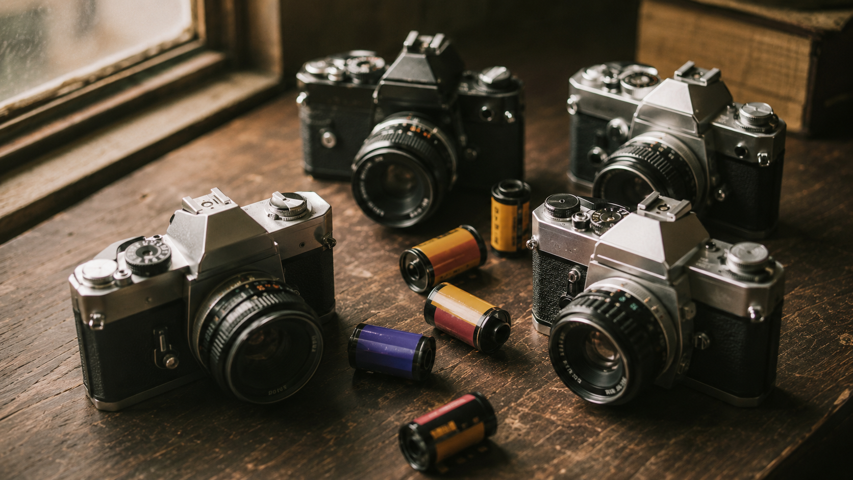 A collection of classic 35mm film SLR cameras and rolls of film on a wooden table