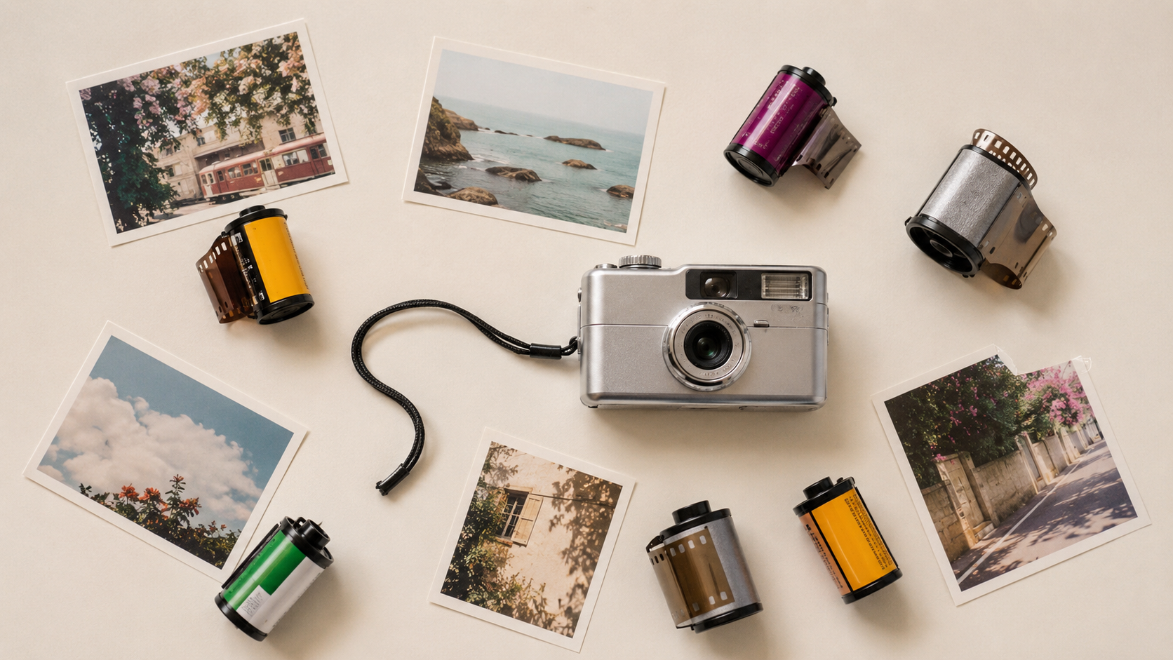 Rolls of 35mm film, a compact film camera, and developed prints laid out on a table