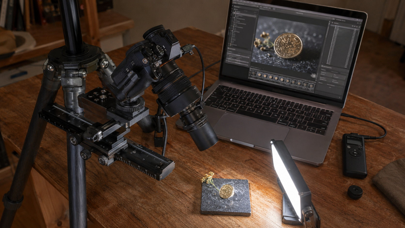 Complete focus stacking workstation including tripod, macro focusing rail, remote shutter trigger, and Helicon Focus software on a laptop