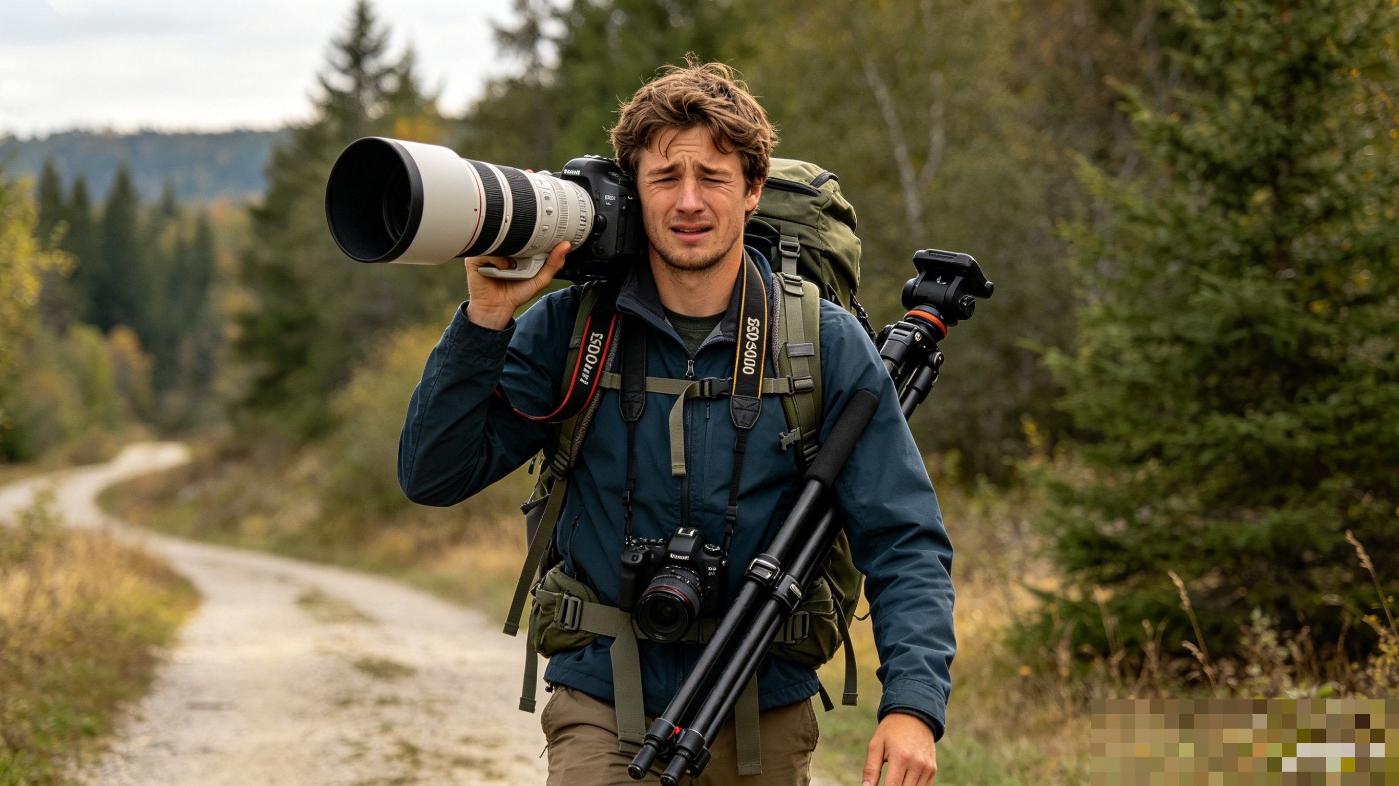 Wildlife photographer carrying heavy telephoto setup on a long hike, demonstrating the real-world weight tradeoffs of professional gear