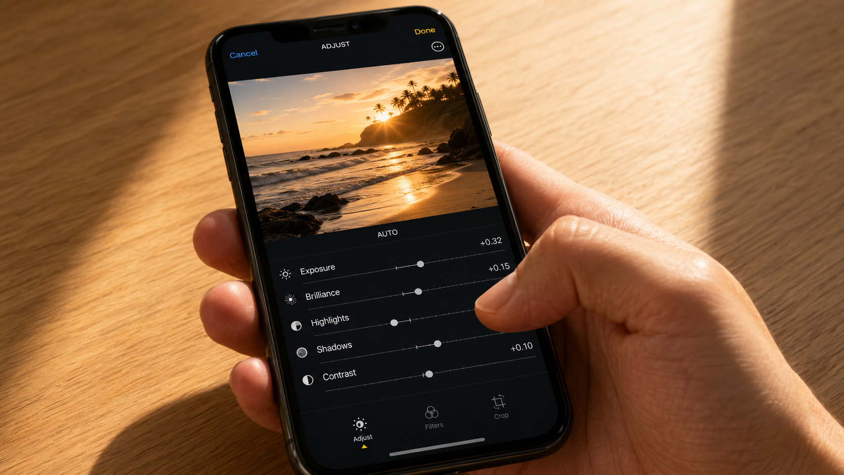An iPhone displaying the Apple Photos adjust panel mid-edit, with parameter sliders visible during a real photo editing session