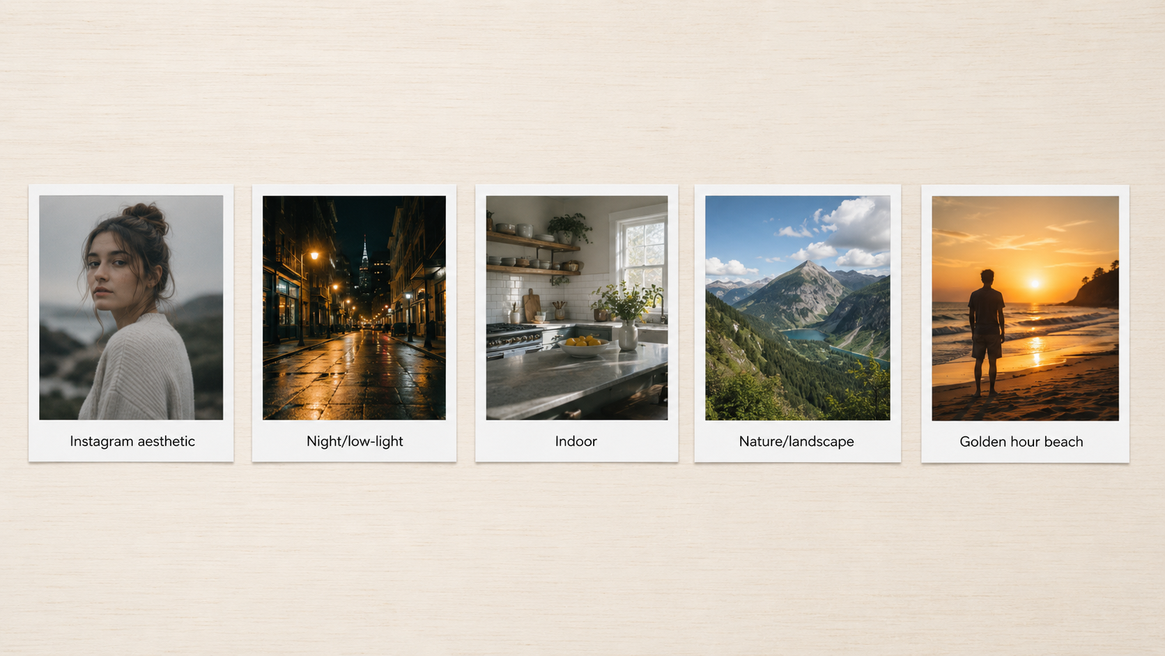 Comparison of five iPhone photography scenarios (Instagram, night, indoor, landscape, golden hour) showing why each needs a different edit formula