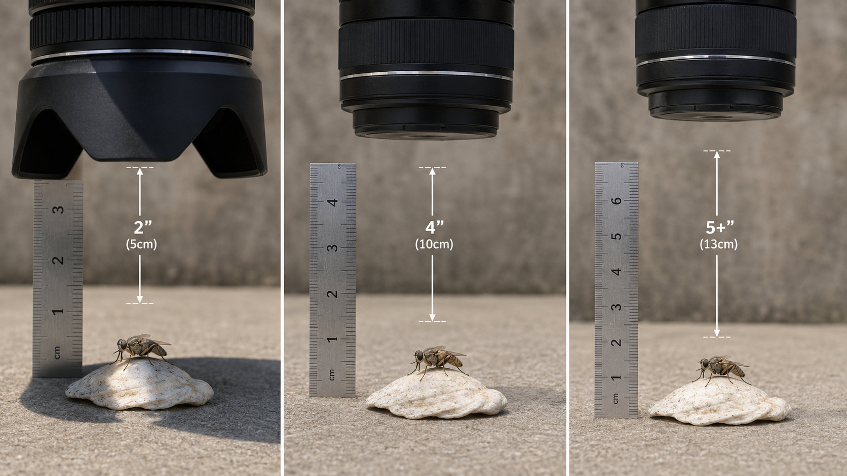 Working distance comparison between 50mm, 90mm, and 105mm macro lenses at 1:1 magnification, showing why focal length affects shadow casting