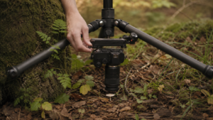 A macro photography tripod setup at ground level with reversed center column, showing the actual working geometry for close-up subjects