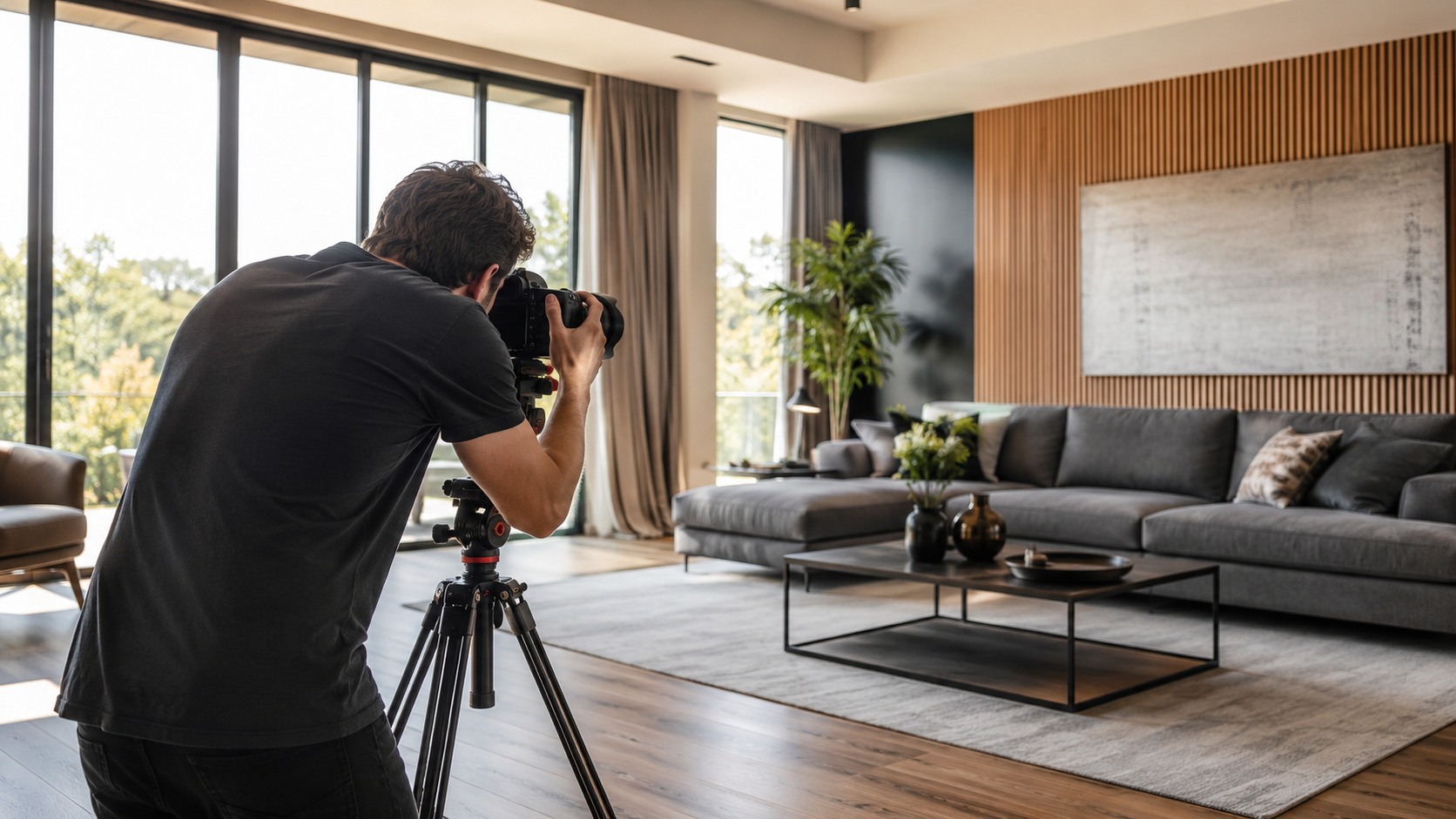 Real estate photographer shooting a modern living room with a wide-angle lens on a tripod