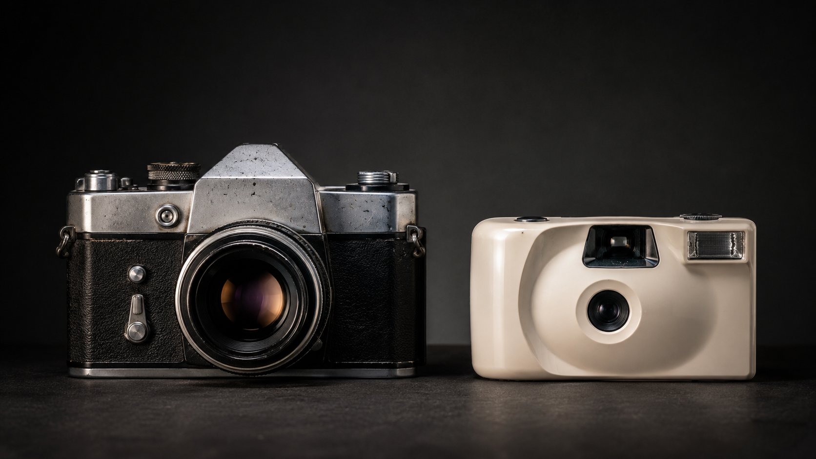 A sturdy metal film SLR next to a small plastic point-and-shoot camera, showing the build quality difference