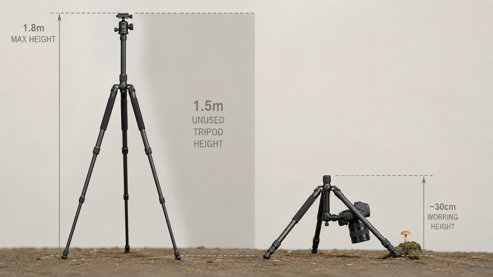 Tripod marketed maximum height (1.8m) versus actual macro photography working height (30cm), illustrating which specifications matter for close-up work