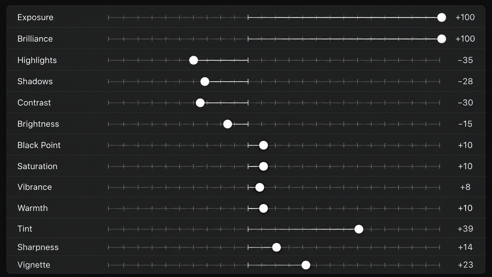 Visualization of the viral TikTok iPhone photo edit settings formula showing all 13 slider handle positions with their specific numeric values