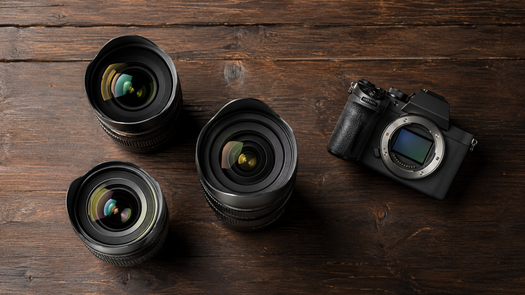Wide-angle zoom lenses for real estate photography laid out with a mirrorless camera body