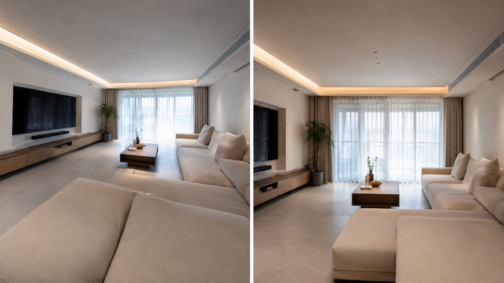 Living room shot at a wide focal length versus a more natural focal length, showing perspective difference